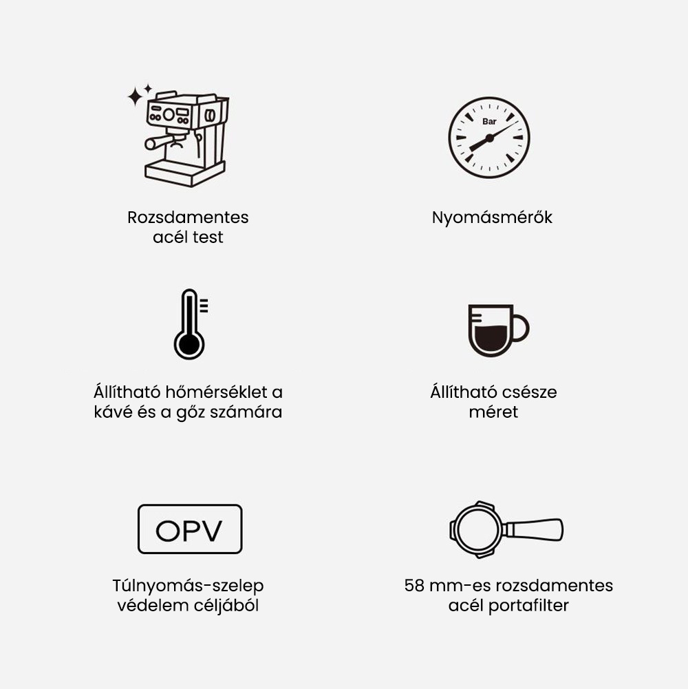 HiBREW H10A félautomata eszpresszó kávéfőző, 19 bar nyomás, tejhabosító, állítható hőmérséklet, 58 mm-es kávéadagoló, 350 ml-es kancsó, csészemelegítő, hideg/forró kávéfőző