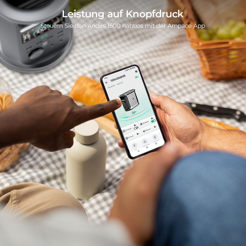 Tragbares Kraftwerk Ampace Andes 1500, 1462 Wh LiFePO4-Kapazität, 2400 W Solargenerator, vollständige Aufladung in 55 Min., 13 Ausgangsanschlüsse, 6000 Zyklen, für Camping im Freien, Wohnmobile, Backup-Stromversorgung zu Hause