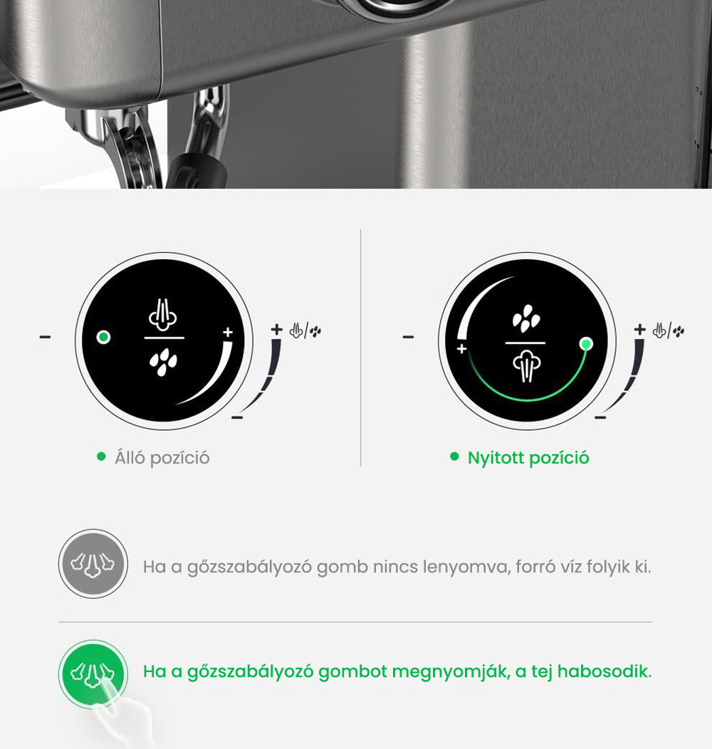 HiBREW H10A félautomata eszpresszó kávéfőző, 19 bar nyomás, tejhabosító, állítható hőmérséklet, 58 mm-es kávéadagoló, 350 ml-es kancsó, csészemelegítő, hideg/forró kávéfőző
