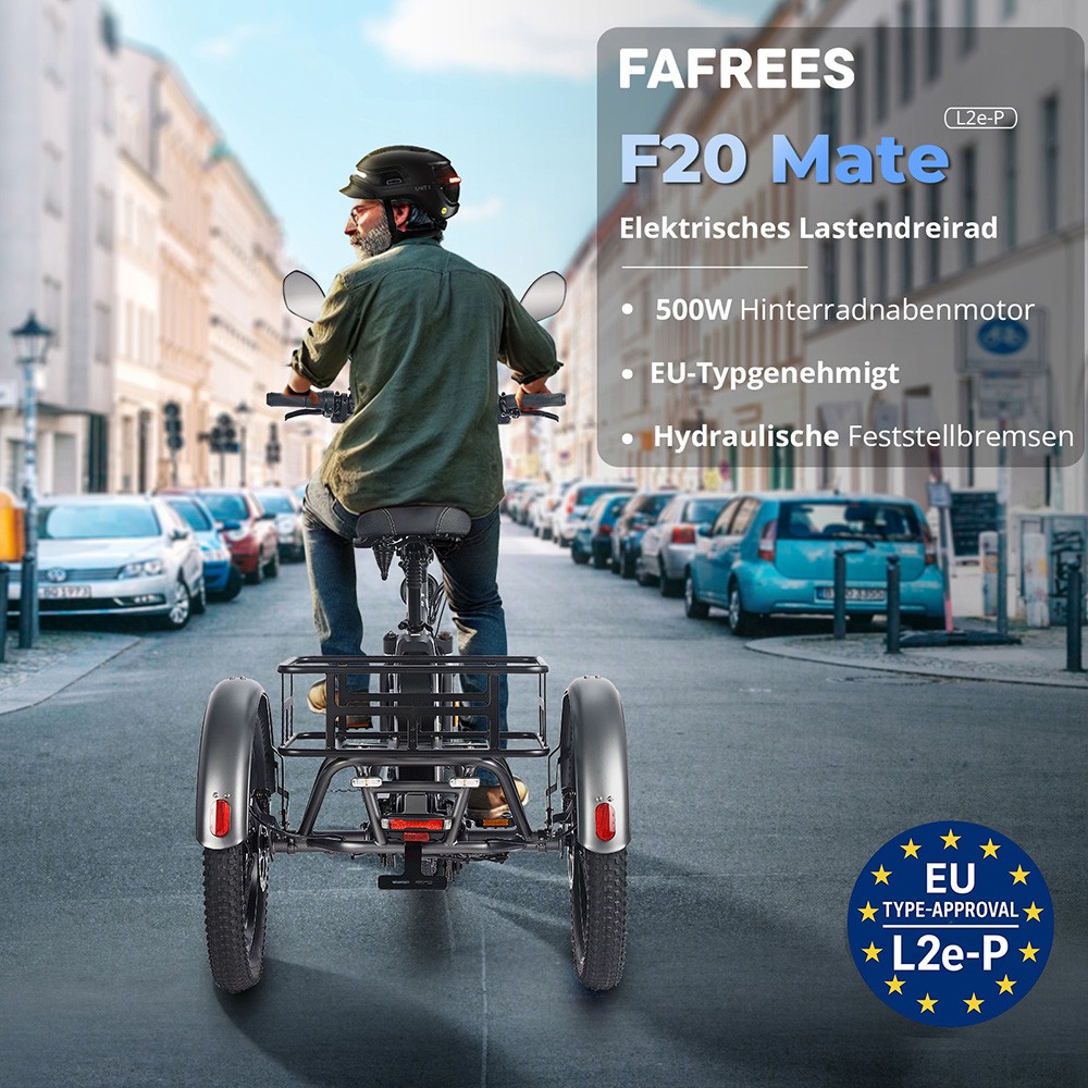 Fafrees F20 Mate Elektrisches Lastendreirad EU L1e-B Zertifizierte Version, 500W Motor, 48V 21Ah Batterie, 20*3 Zoll Reifen, 30km/h Maximalgeschwindigkeit, 115km Maximalreichweite, Hydraulische Scheibenbremse, Dreifach-Federungssystem, LCD-Display - Blau