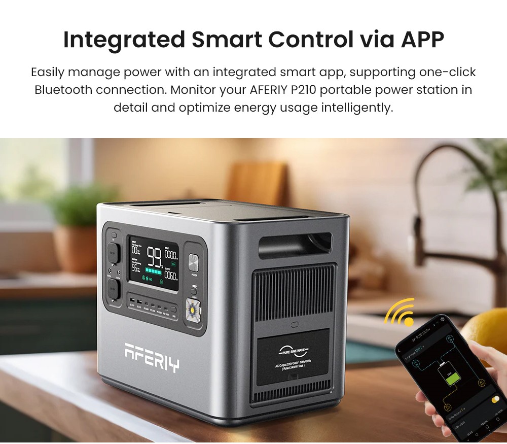 AFERIY P210 Portable Power Station, 2400W AC Output, 2048Wh LiFePO4 Battery, 16 Outputs, 2H Fast AC Recharge, 500W Solar Input & App Control