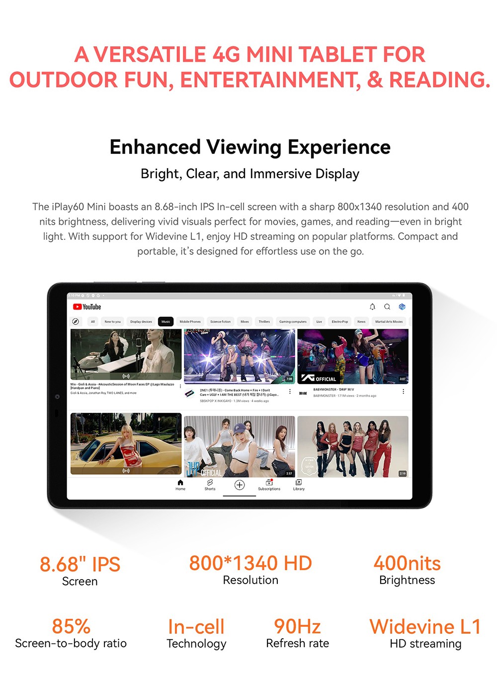 ALLDOCUBE iPlay 60 Mini Android 15 táblagép, Unisoc T606 8 mag, 8,68 hüvelykes 800*1340 90Hz IPS képernyő, 4GB+8GB virtuális RAM 64GB ROM, 5MP+5MP kamera, 2.4/5GHz WiFi, GPSile/5GHz WiFi Bluetooth5.0, GLON/DuGalidoBeo 4000mAh akkumulátor