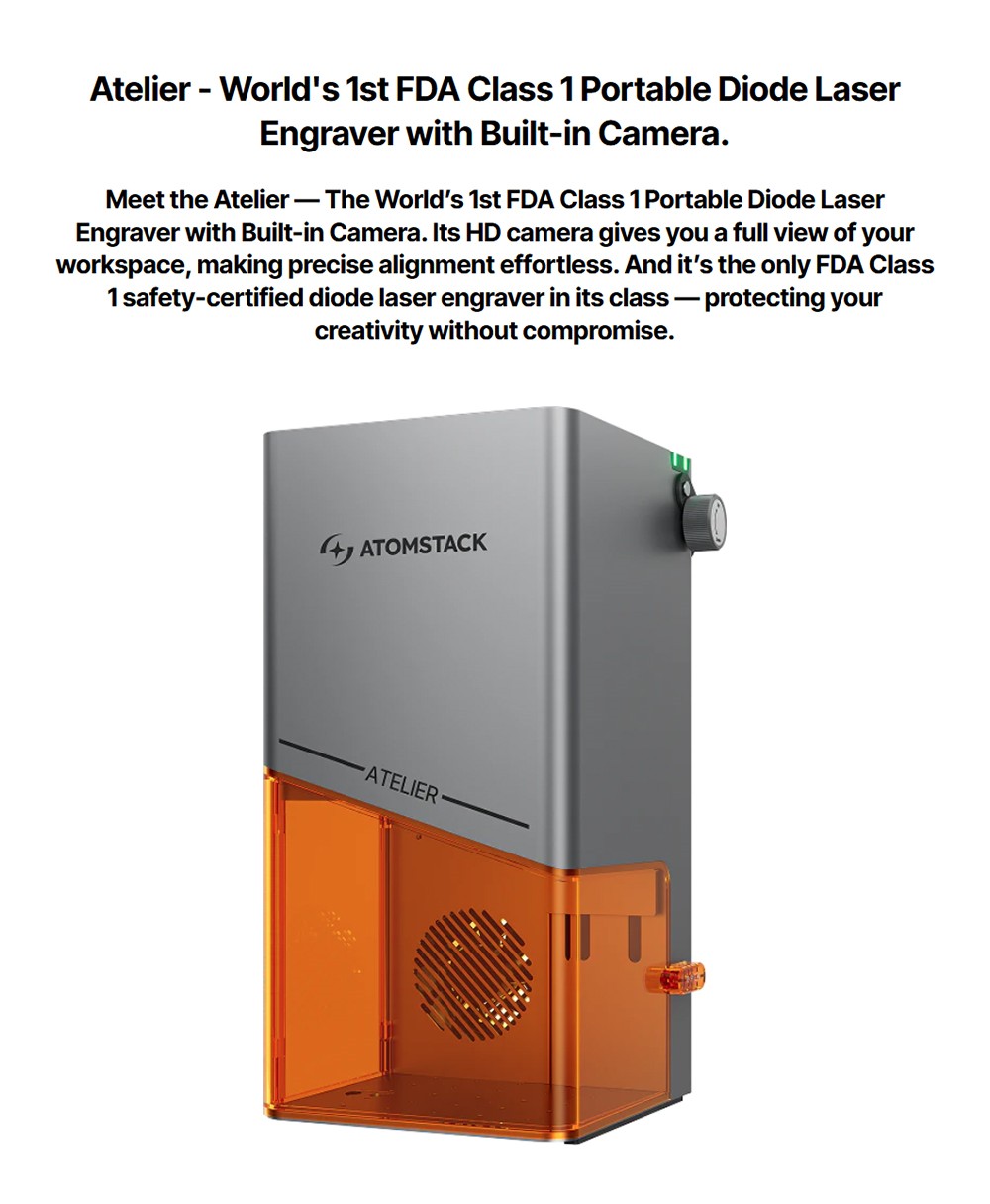 Graveur laser diode ATOMSTACK Atelier 12W, classe 1 FDA, vitesse de 4000 mm/s, précision de 0,01 mm, zone de travail de 120 x 120 mm, caméra HD intégrée, compatible avec le bois, le métal, le cuir et le feutre.