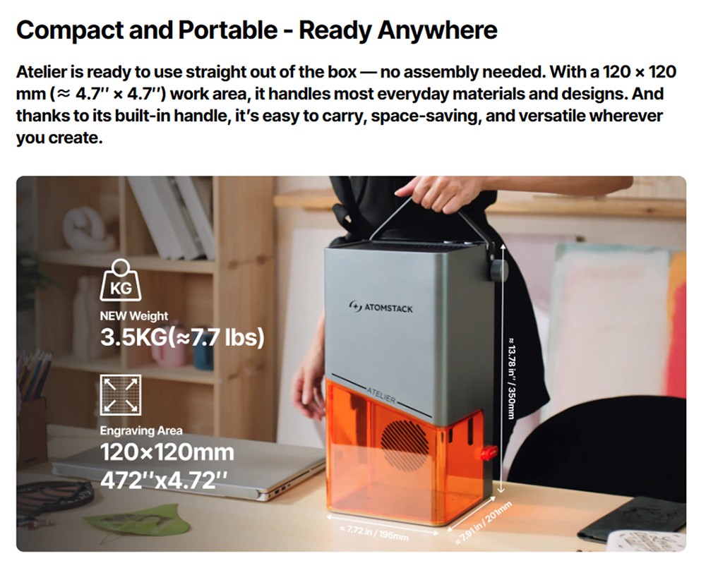 Graveur laser diode ATOMSTACK Atelier 12W, classe 1 FDA, vitesse de 4000 mm/s, précision de 0,01 mm, zone de travail de 120 x 120 mm, caméra HD intégrée, compatible avec le bois, le métal, le cuir et le feutre.