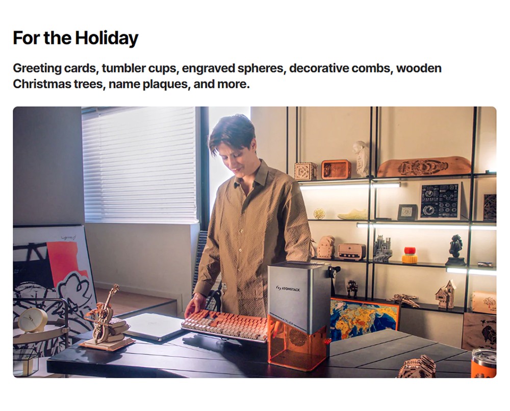 Graveur laser diode ATOMSTACK Atelier 12W, classe 1 FDA, vitesse de 4000 mm/s, précision de 0,01 mm, zone de travail de 120 x 120 mm, caméra HD intégrée, compatible avec le bois, le métal, le cuir et le feutre.