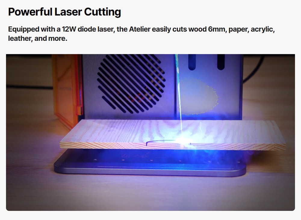 Graveur laser diode ATOMSTACK Atelier 12W, classe 1 FDA, vitesse de 4000 mm/s, précision de 0,01 mm, zone de travail de 120 x 120 mm, caméra HD intégrée, compatible avec le bois, le métal, le cuir et le feutre.