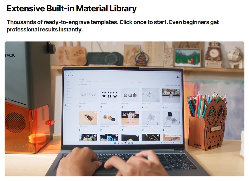 Graveur laser diode ATOMSTACK Atelier 12W, classe 1 FDA, vitesse de 4000 mm/s, précision de 0,01 mm, zone de travail de 120 x 120 mm, caméra HD intégrée, compatible avec le bois, le métal, le cuir et le feutre.