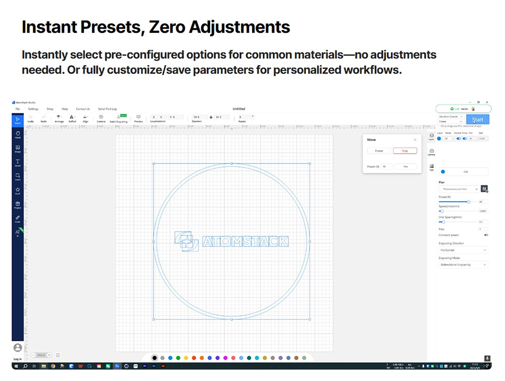 Graveur laser diode ATOMSTACK Atelier 12W, classe 1 FDA, vitesse de 4000 mm/s, précision de 0,01 mm, zone de travail de 120 x 120 mm, caméra HD intégrée, compatible avec le bois, le métal, le cuir et le feutre.