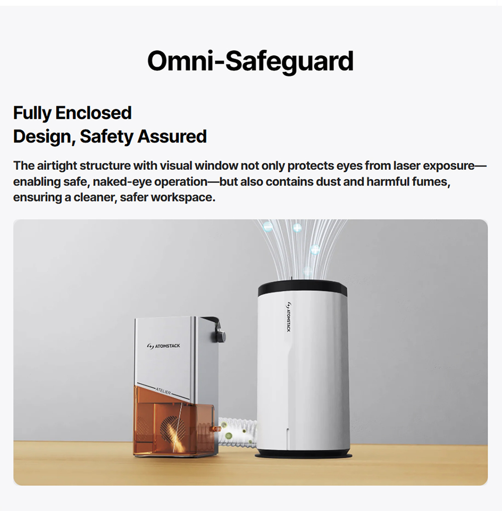Graveur laser diode ATOMSTACK Atelier 12W, classe 1 FDA, vitesse de 4000 mm/s, précision de 0,01 mm, zone de travail de 120 x 120 mm, caméra HD intégrée, compatible avec le bois, le métal, le cuir et le feutre.