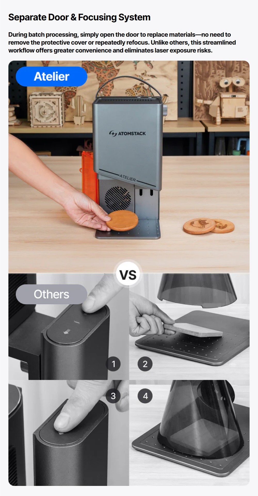 Graveur laser diode ATOMSTACK Atelier 12W, classe 1 FDA, vitesse de 4000 mm/s, précision de 0,01 mm, zone de travail de 120 x 120 mm, caméra HD intégrée, compatible avec le bois, le métal, le cuir et le feutre.