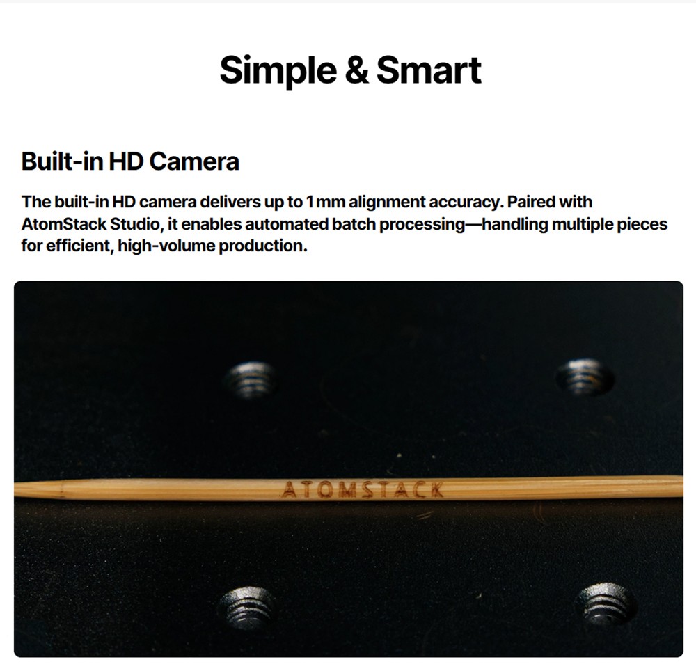 Graveur laser diode ATOMSTACK Atelier 12W, classe 1 FDA, vitesse de 4000 mm/s, précision de 0,01 mm, zone de travail de 120 x 120 mm, caméra HD intégrée, compatible avec le bois, le métal, le cuir et le feutre.