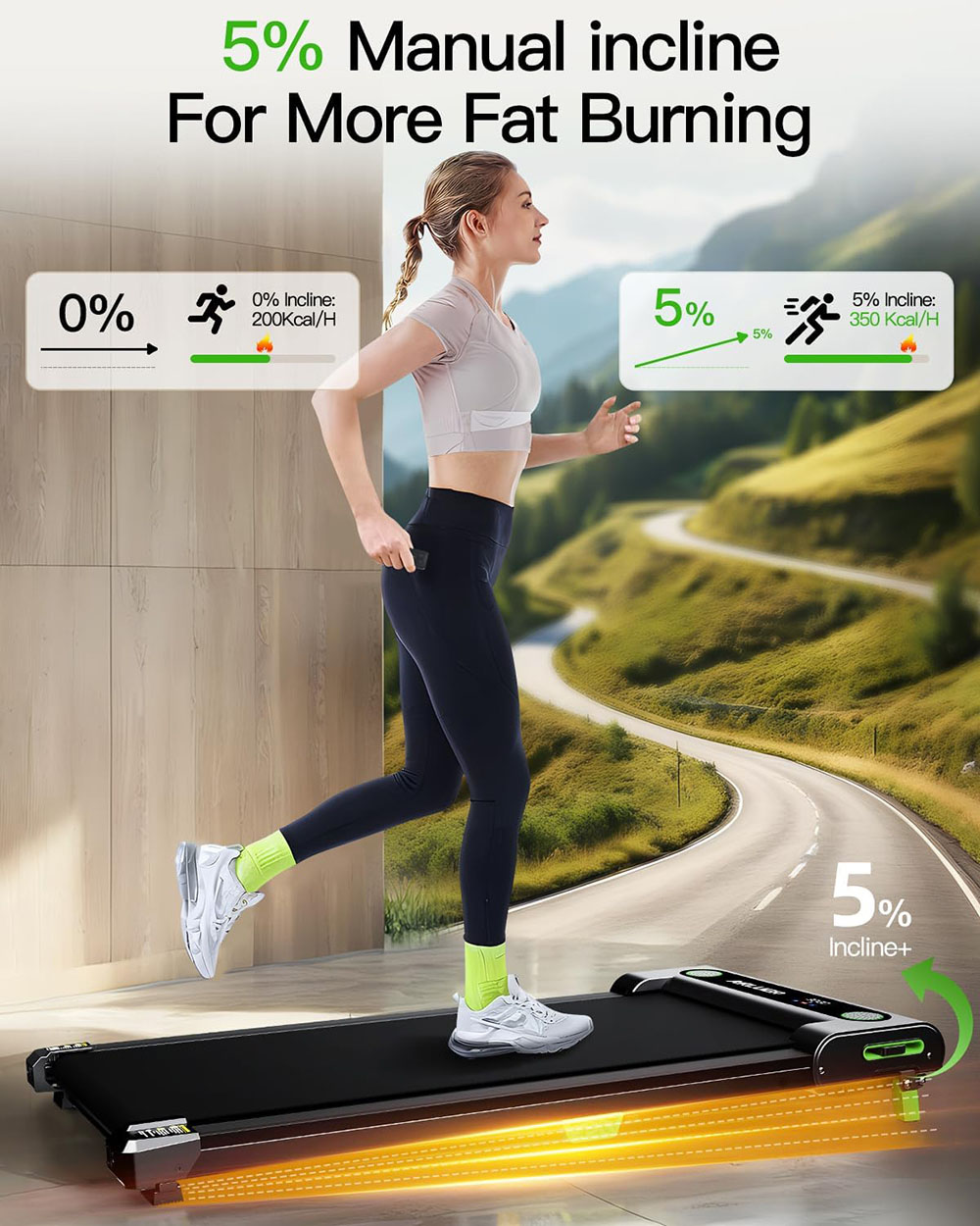 Akluer 480L-A Walking Pad with Incline, 2.5HP Quiet Motor, Remote Control & LED Display, 150kg Max Capacity, Shock-Absorbing Belt