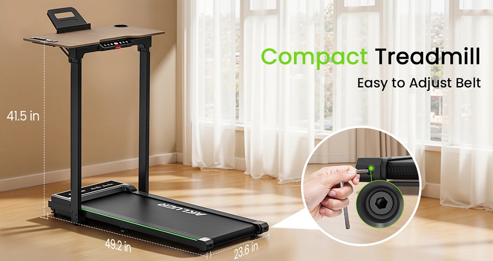 Akluer P3-D Adjustable Height Desk Treadmill, 2.5HP Motor, 0.6–6.2MPH Speed, 150kg Max Load, 105x42cm Running Area, 6-Layer Running Belt & 80×40cm Desktop