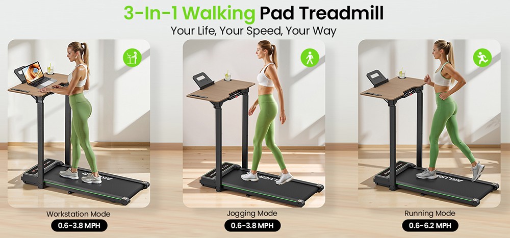 Akluer P3-D Adjustable Height Desk Treadmill, 2.5HP Motor, 0.6–6.2MPH Speed, 150kg Max Load, 105x42cm Running Area, 6-Layer Running Belt & 80×40cm Desktop