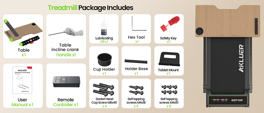 Akluer P3-D Adjustable Height Desk Treadmill, 2.5HP Motor, 0.6–6.2MPH Speed, 150kg Max Load, 105x42cm Running Area, 6-Layer Running Belt & 80×40cm Desktop