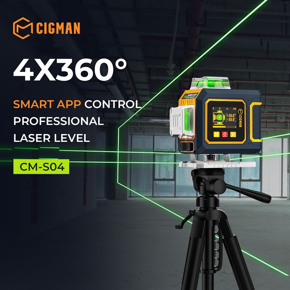 CIGMAN CM-S04 16-Line Laser Level with LCD Display, 4×360° Green Beam, ±1.5mm/5m High Accuracy, Auto-Leveling, 2600mAhx2 Batteries, IP54 Dustproof & Waterproof, APP & Remote Control