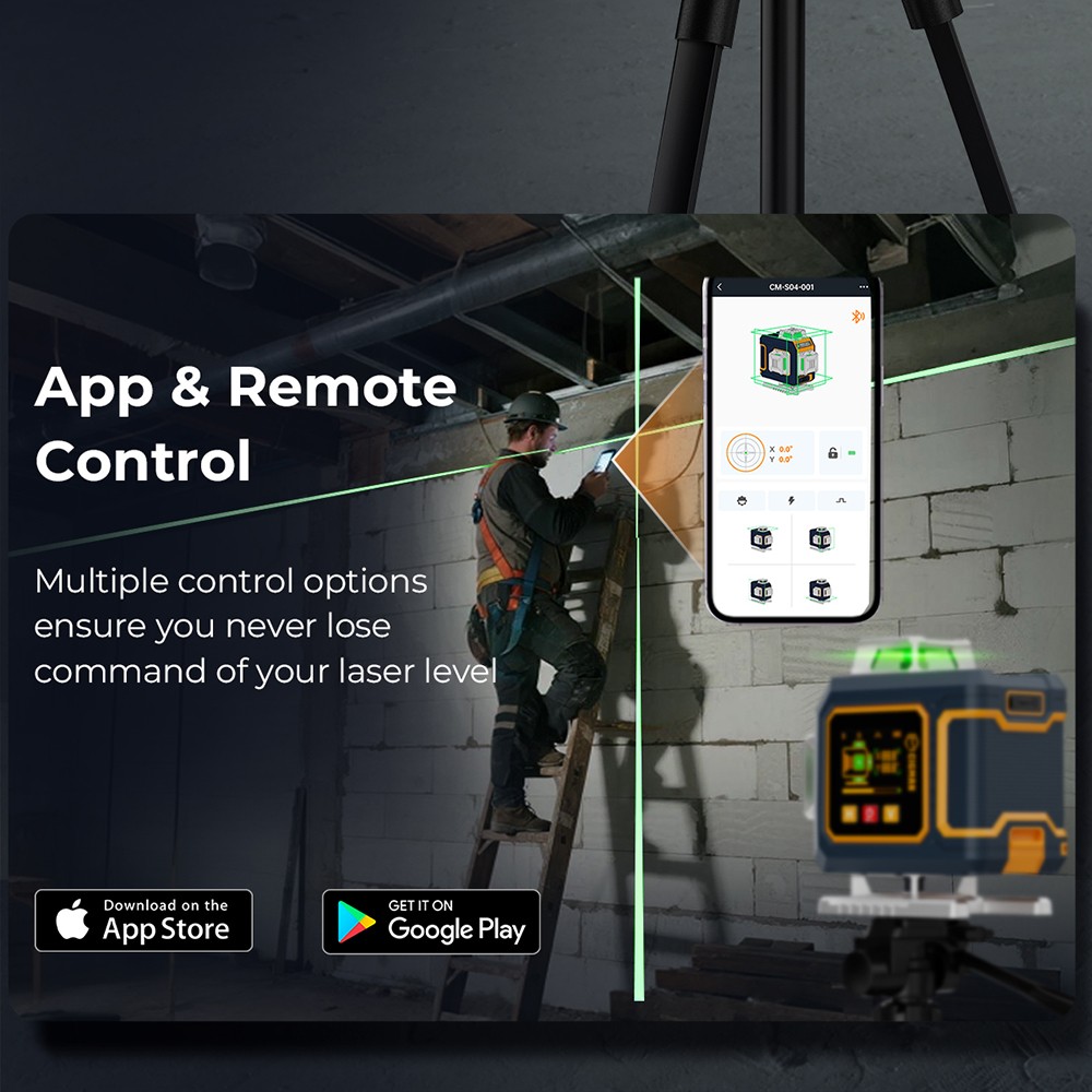 CIGMAN CM-S04 16-Line Laser Level with LCD Display, 4×360° Green Beam, ±1.5mm/5m High Accuracy, Auto-Leveling, 2600mAhx2 Batteries, IP54 Dustproof & Waterproof, APP & Remote Control
