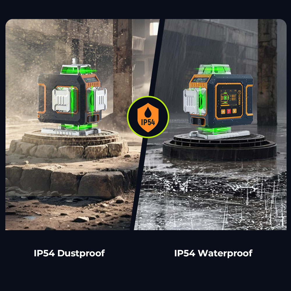 CIGMAN CM-S04 16-Line Laser Level with LCD Display, 4×360° Green Beam, ±1.5mm/5m High Accuracy, Auto-Leveling, 2600mAhx2 Batteries, IP54 Dustproof & Waterproof, APP & Remote Control