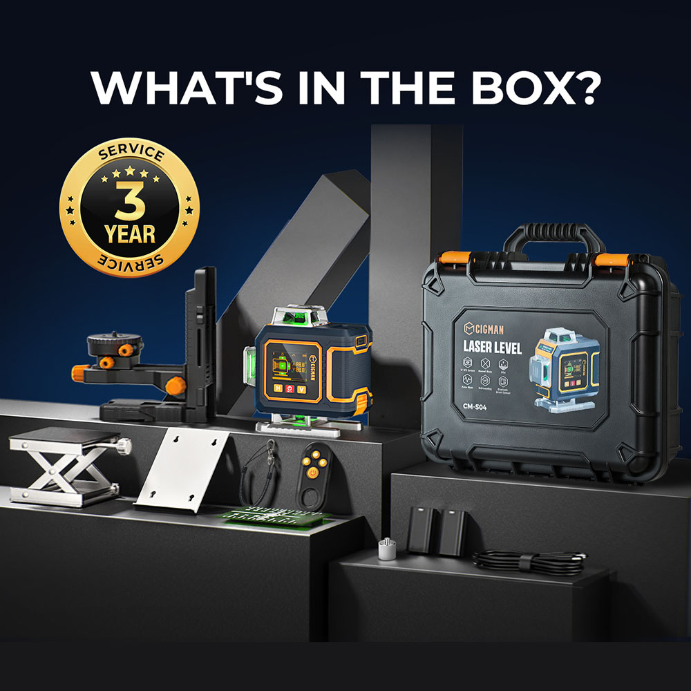 CIGMAN CM-S04 16-Line Laser Level with LCD Display, 4×360° Green Beam, ±1.5mm/5m High Accuracy, Auto-Leveling, 2600mAhx2 Batteries, IP54 Dustproof & Waterproof, APP & Remote Control