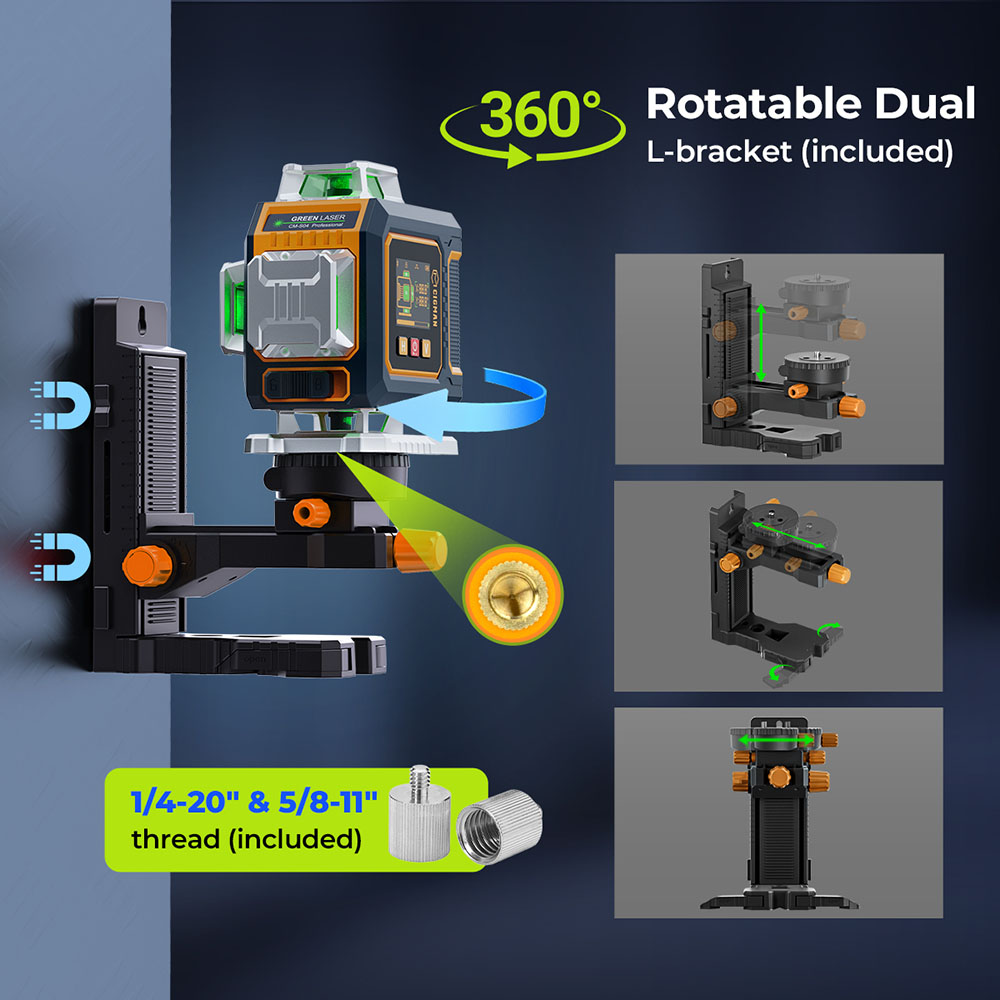 CIGMAN CM-S04 16-Line Laser Level with LCD Display, 4×360° Green Beam, ±1.5mm/5m High Accuracy, Auto-Leveling, 2600mAhx2 Batteries, IP54 Dustproof & Waterproof, APP & Remote Control