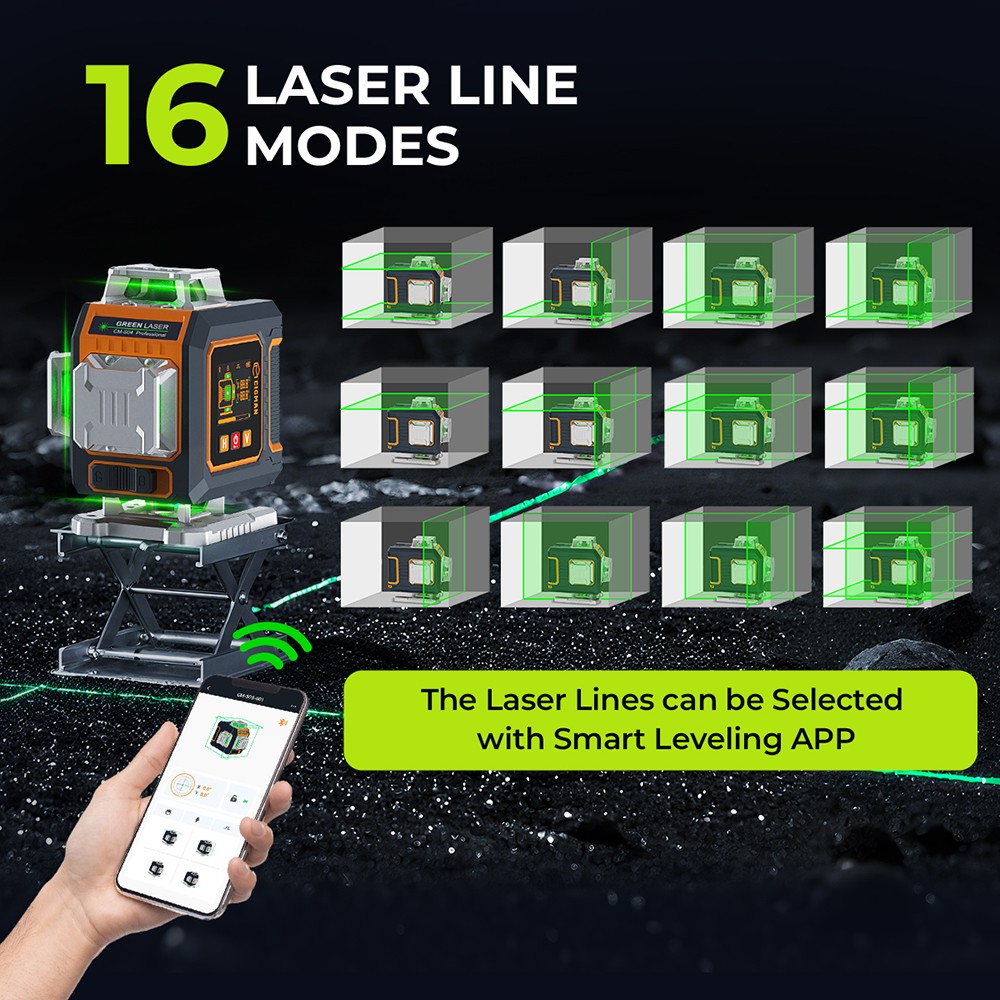 CIGMAN CM-S04 16-Line Laser Level with LCD Display, 4×360° Green Beam, ±1.5mm/5m High Accuracy, Auto-Leveling, 2600mAhx2 Batteries, IP54 Dustproof & Waterproof, APP & Remote Control
