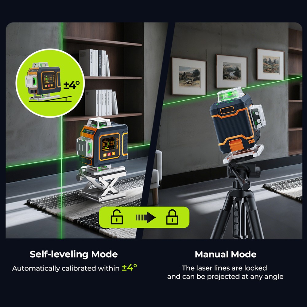 CIGMAN CM-S04 16-Line Laser Level with LCD Display, 4×360° Green Beam, ±1.5mm/5m High Accuracy, Auto-Leveling, 2600mAhx2 Batteries, IP54 Dustproof & Waterproof, APP & Remote Control