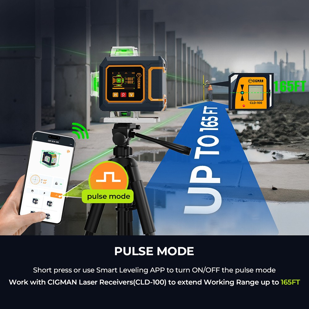 CIGMAN CM-S04 16-Line Laser Level with LCD Display, 4×360° Green Beam, ±1.5mm/5m High Accuracy, Auto-Leveling, 2600mAhx2 Batteries, IP54 Dustproof & Waterproof, APP & Remote Control