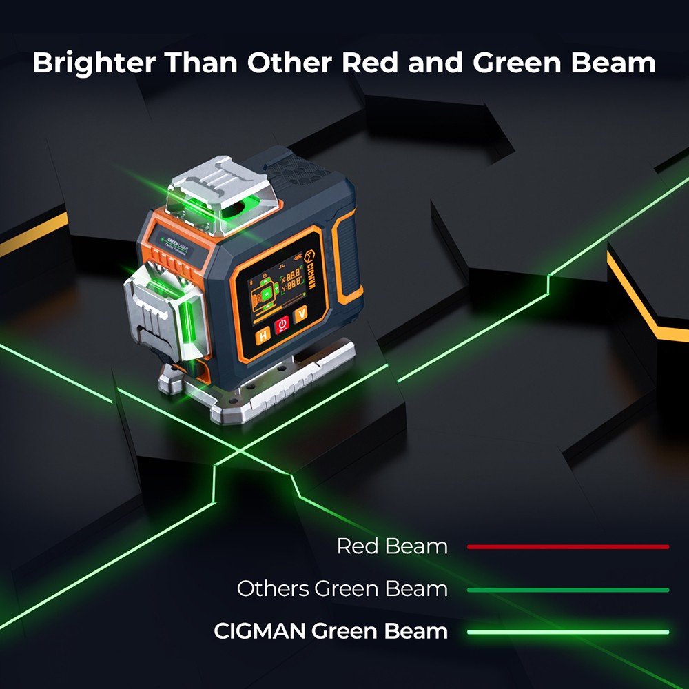 CIGMAN CM-S04 16-Line Laser Level with LCD Display, 4×360° Green Beam, ±1.5mm/5m High Accuracy, Auto-Leveling, 2600mAhx2 Batteries, IP54 Dustproof & Waterproof, APP & Remote Control