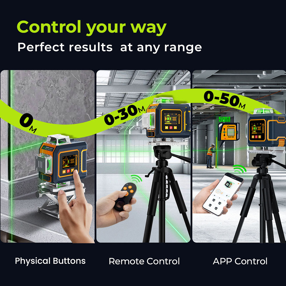 CIGMAN CM-S04 16-Line Laser Level with LCD Display, 4×360° Green Beam, ±1.5mm/5m High Accuracy, Auto-Leveling, 2600mAhx2 Batteries, IP54 Dustproof & Waterproof, APP & Remote Control