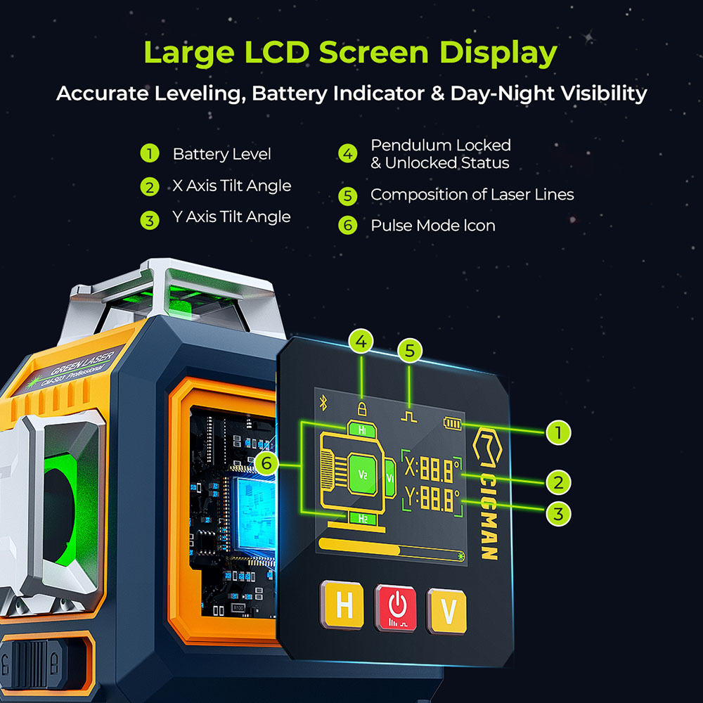 CIGMAN CM-S04 16-Line Laser Level with LCD Display, 4×360° Green Beam, ±1.5mm/5m High Accuracy, Auto-Leveling, 2600mAhx2 Batteries, IP54 Dustproof & Waterproof, APP & Remote Control