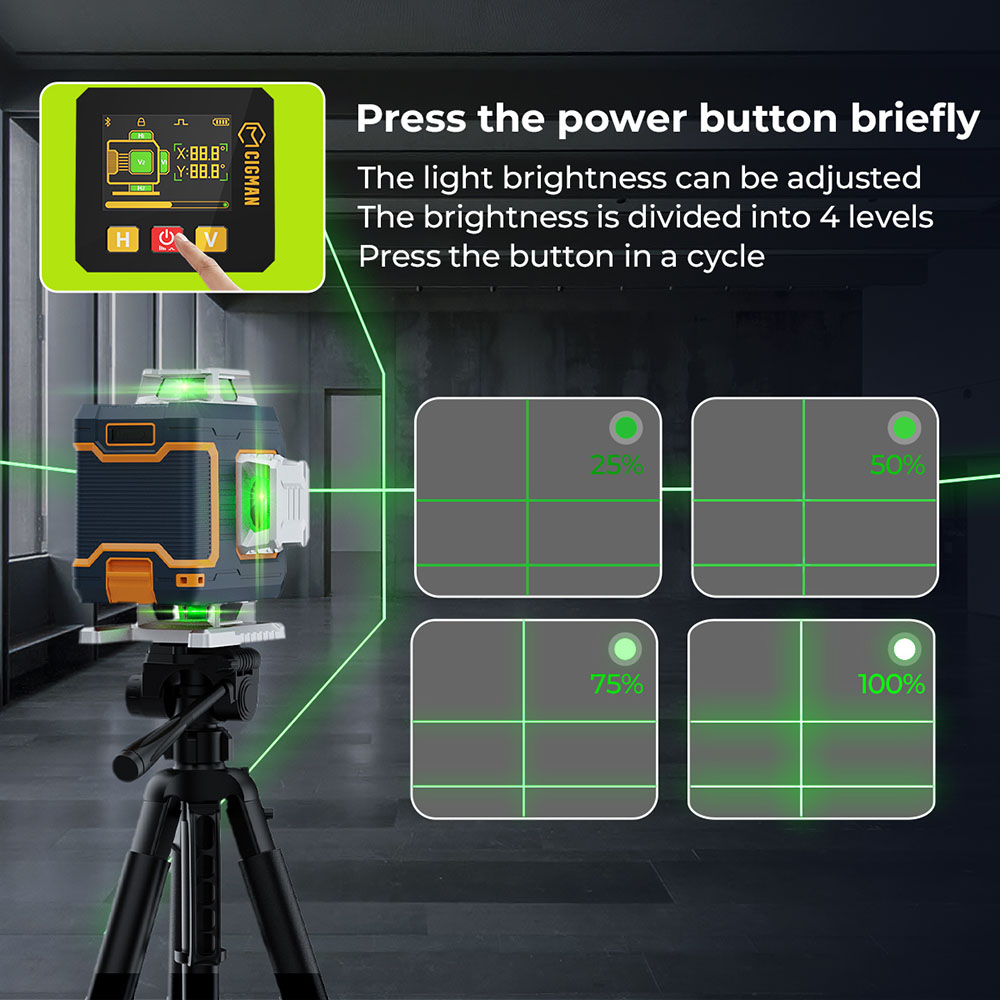 CIGMAN CM-S04 16-Line Laser Level with LCD Display, 4×360° Green Beam, ±1.5mm/5m High Accuracy, Auto-Leveling, 2600mAhx2 Batteries, IP54 Dustproof & Waterproof, APP & Remote Control