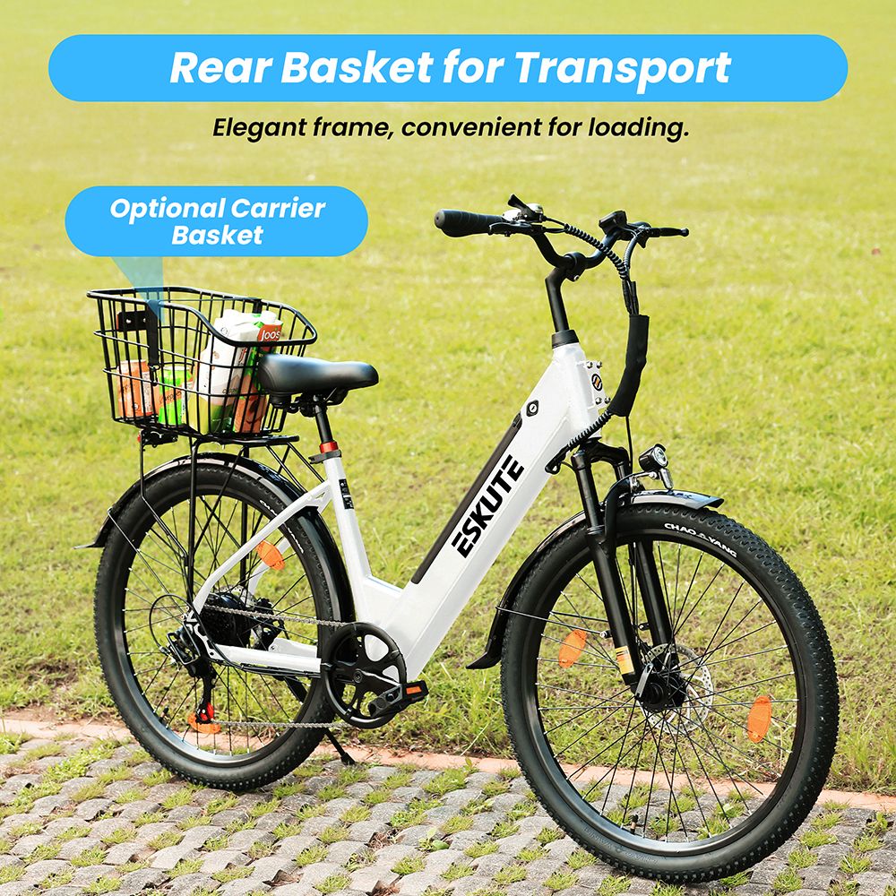 ESKUTE C100 Plus Electric Bike, 250W Motor, 36V 13Ah Battery, 26 inch Tires, 25km/h Max Speed, 100km Range, Shimano 7-speed, LCD Display - White