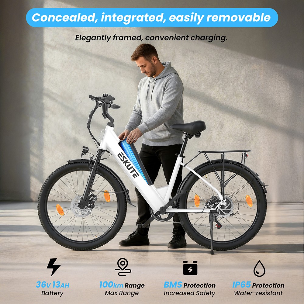 ESKUTE C100 Plus Electric Bike, 250W Motor, 36V 13Ah Battery, 26 inch Tires, 25km/h Max Speed, 100km Range, Shimano 7-speed, LCD Display - White