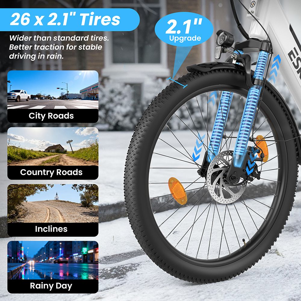 ESKUTE C100 Plus Electric Bike, 250W Motor, 36V 13Ah Battery, 26 inch Tires, 25km/h Max Speed, 100km Range, Shimano 7-speed, LCD Display - White