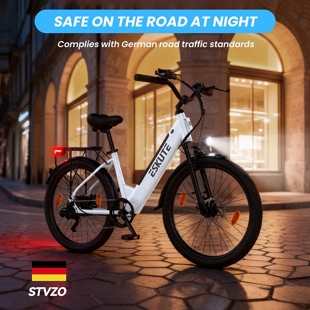 ESKUTE C100 Plus Electric Bike, 250W Motor, 36V 13Ah Battery, 26 inch Tires, 25km/h Max Speed, 100km Range, Shimano 7-speed, LCD Display - White