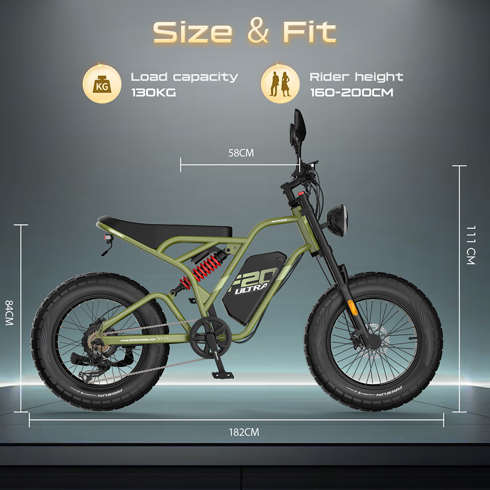 Fafrees F20 Ultra elektromos kerékpár EU L1e-B tanúsítvánnyal, 750 W-os motor, 48 V 25 Ah akkumulátor, 20 * 5 hüvelykes gumiabroncsok, 45 km/h maximális sebesség, 140 km maximális hatótávolság, hidraulikus tárcsafékek, hidraulikus felfüggesztés, LCD kijelző, Shimano 7 sebességes - fekete
