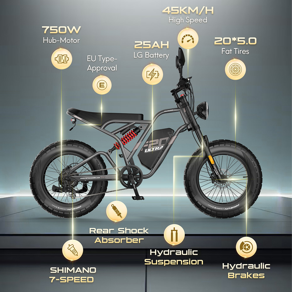 Fafrees F20 Ultra elektromos kerékpár EU L1e-B tanúsítvánnyal, 750 W-os motor, 48 V 25 Ah akkumulátor, 20 * 5 hüvelykes gumiabroncsok, 45 km/h maximális sebesség, 140 km maximális hatótávolság, hidraulikus tárcsafékek, hidraulikus felfüggesztés, LCD kijelző, Shimano 7 sebességes - fekete