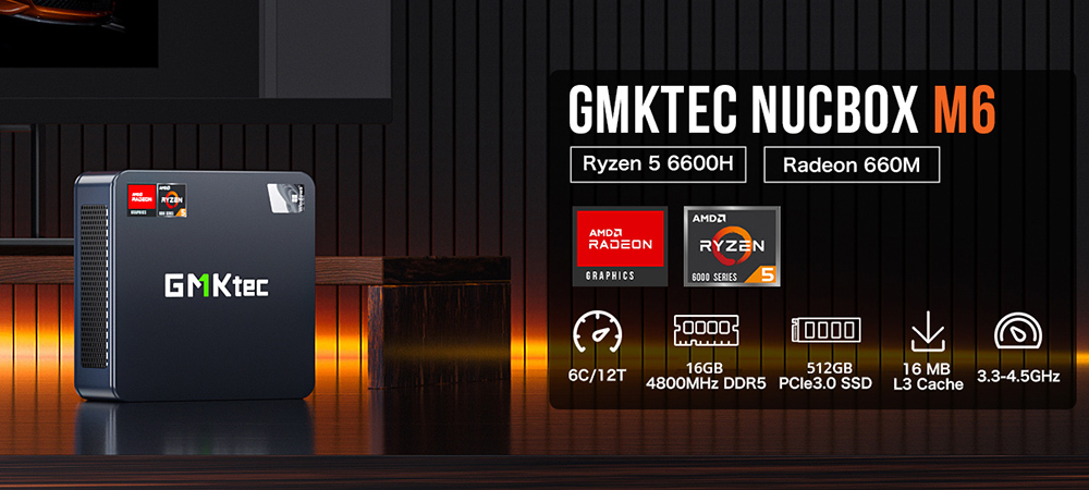 GMKtec M6 Mini PC, AMD Ryzen 5 6600H 6 Cores Max 4.5GHz, 16GB DDR5 RAM 512GB SSD, 1* Full-feature Type-C + 1*HDMI + 1*DP 4K@60Hz Triple Screen Display, WiFi 6E Bluetooth 5.2, 3*USB3.2 1*USB2.0 2*RJ45 1*3.5mm Headset Jack