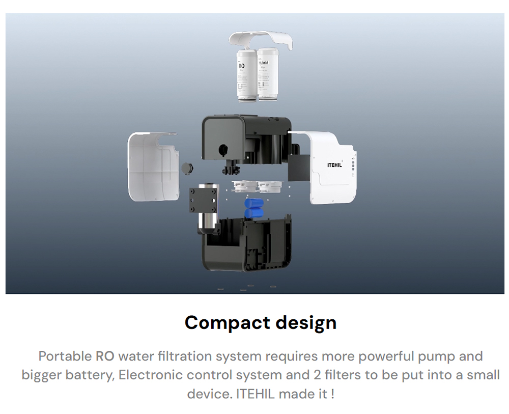 ITEHIL ITS100G-HW Tragbarer Wasserreiniger mit RO und Hybridfilter, 500ml/min Durchfluss, 9 Gallonen Ausgabe, 0,0001µm Reinigung, Dual-6000 mAh Akku, 600–800 Gallonen RO-Filterlebensdauer