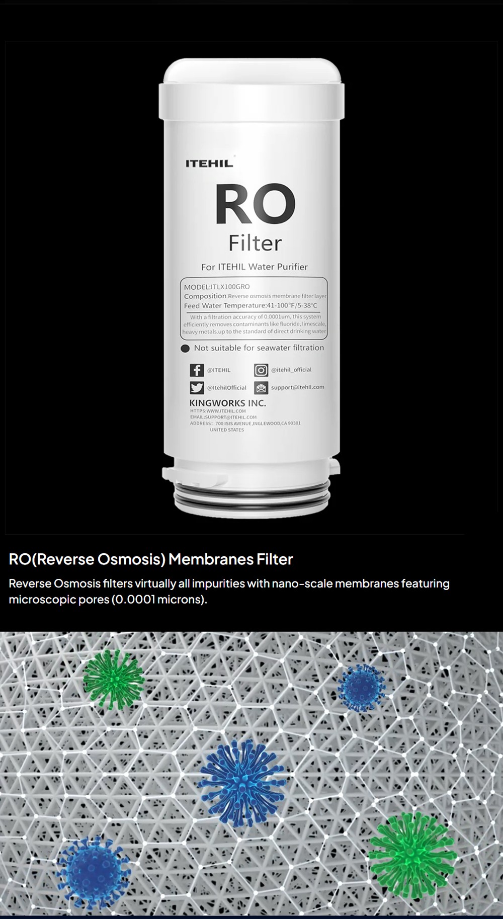 ITEHIL ITS100G-HW Tragbarer Wasserreiniger mit RO und Hybridfilter, 500ml/min Durchfluss, 9 Gallonen Ausgabe, 0,0001µm Reinigung, Dual-6000 mAh Akku, 600–800 Gallonen RO-Filterlebensdauer