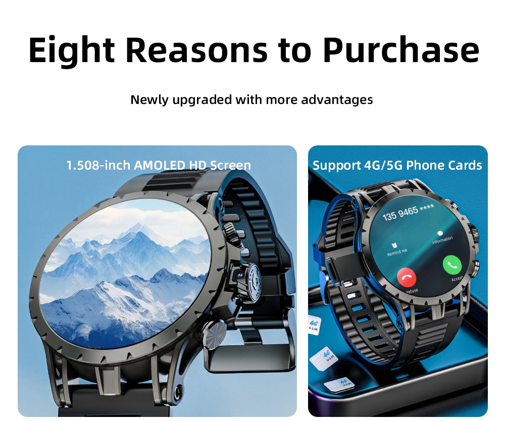 LOKMAT APPLLP 4 Smartwatch, 1.508-inch AMOLED Screen, Support 4G/5G SIM Card, Heart Rate Blood Oxygen Monitoring, NFC Function, GPS Positioning