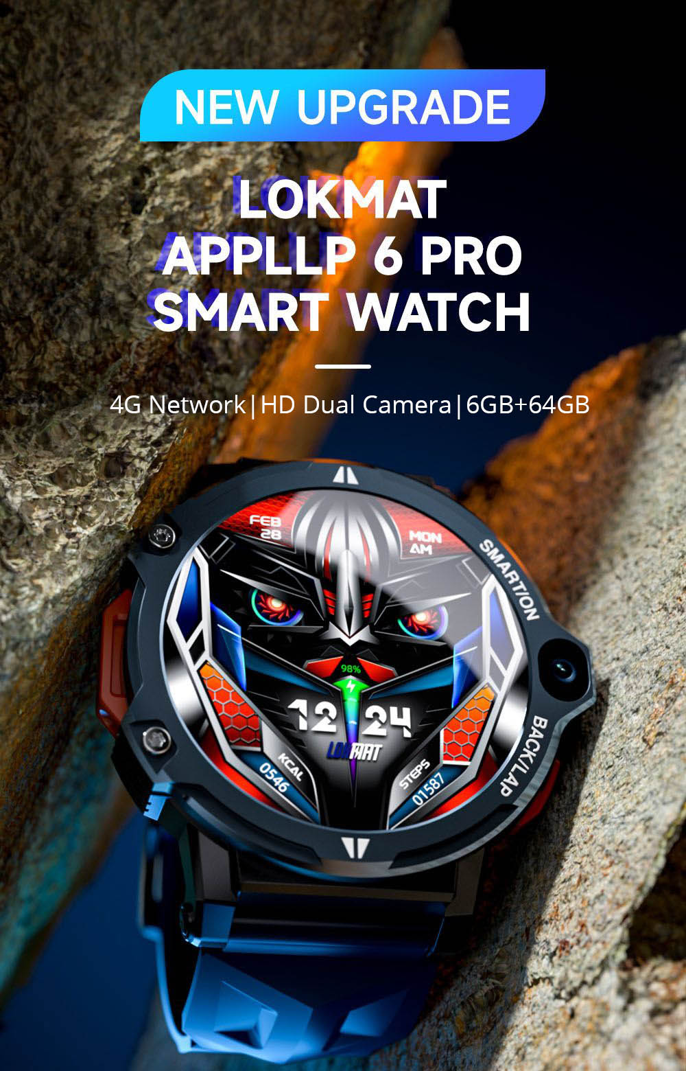 LOKMAT APPLLP 6 Pro 4G LTE Phone Watch, 4GB RAM 64GB ROM, Heart Rate Monitor, Support 2.4G WiFi, Beidou, GPS - Blue