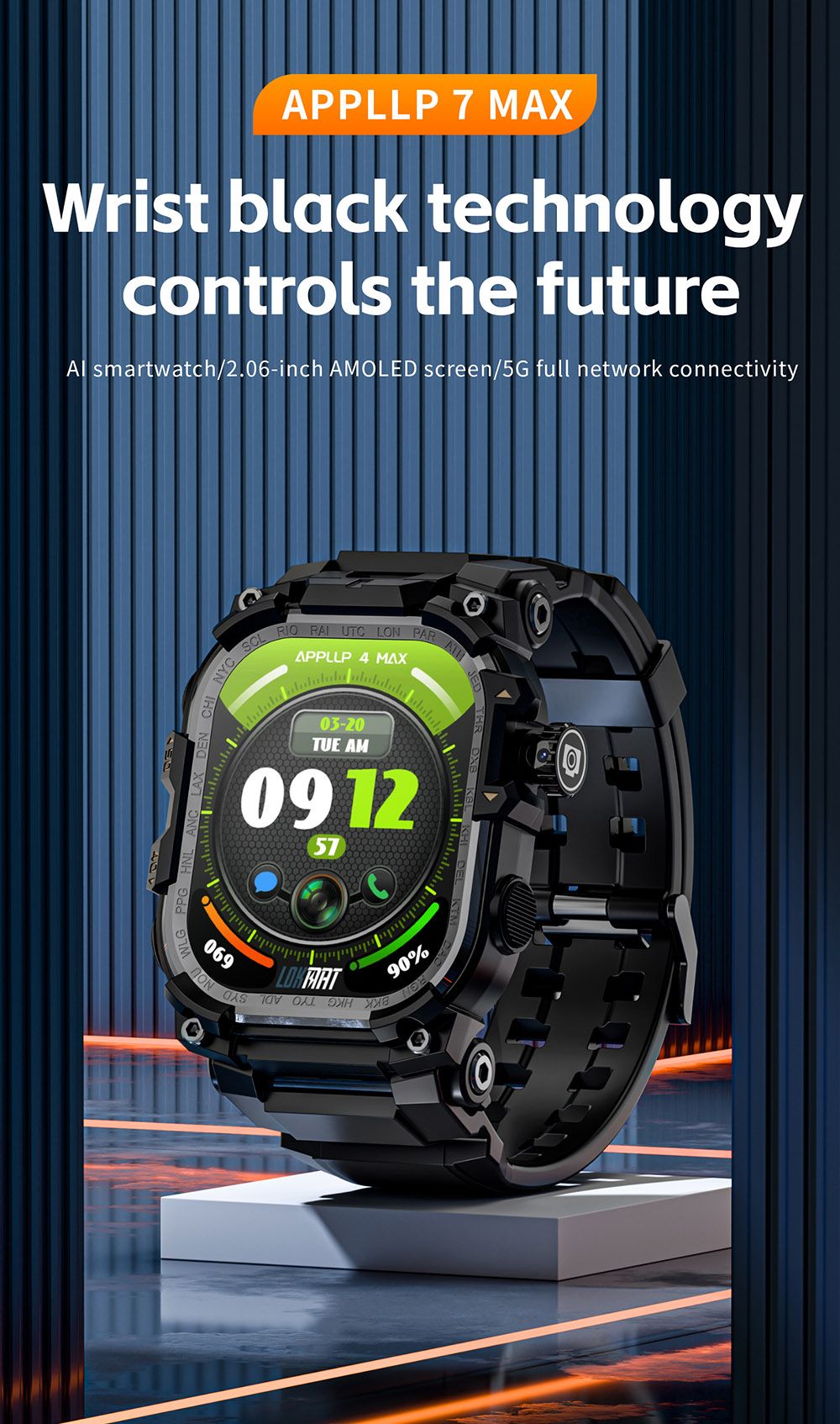 LOKMAT APPLLP 7 MAX Smartwatch, 2.06 inch AMOLED Screen, Supports 4G/5G LTE, GPS Positioning, Heart Rate Monitoring