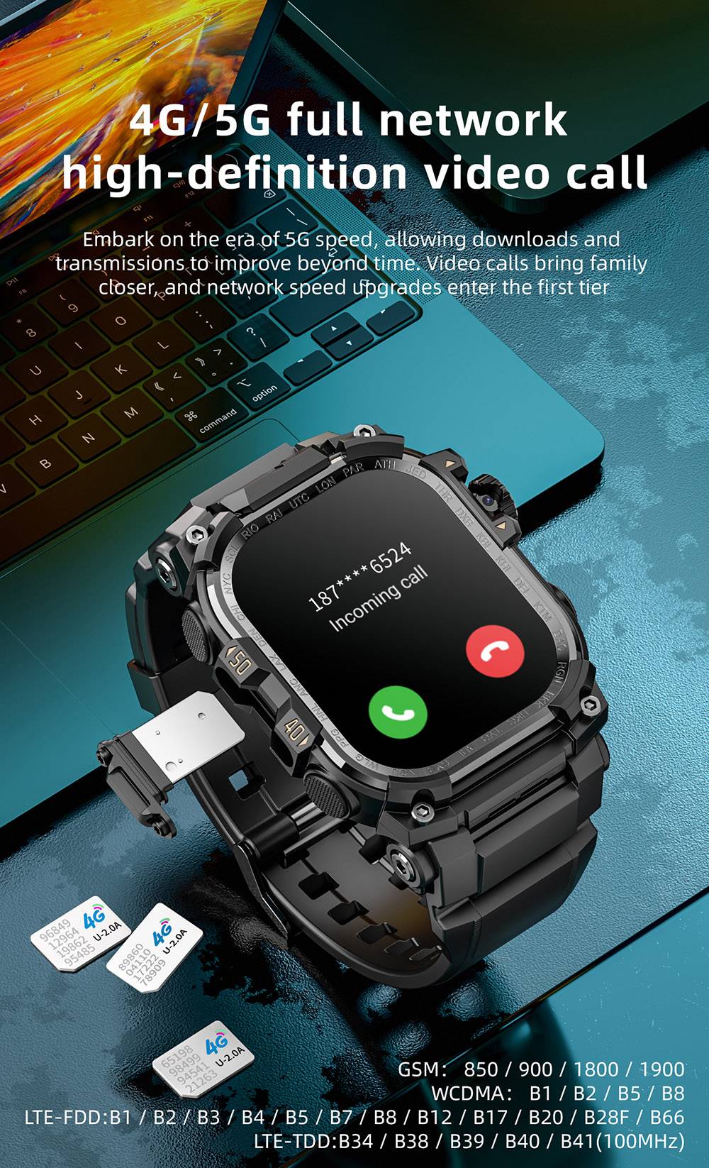 LOKMAT APPLLP 7 MAX Smartwatch, 2.06 inch AMOLED Screen, Supports 4G/5G LTE, GPS Positioning, Heart Rate Monitoring