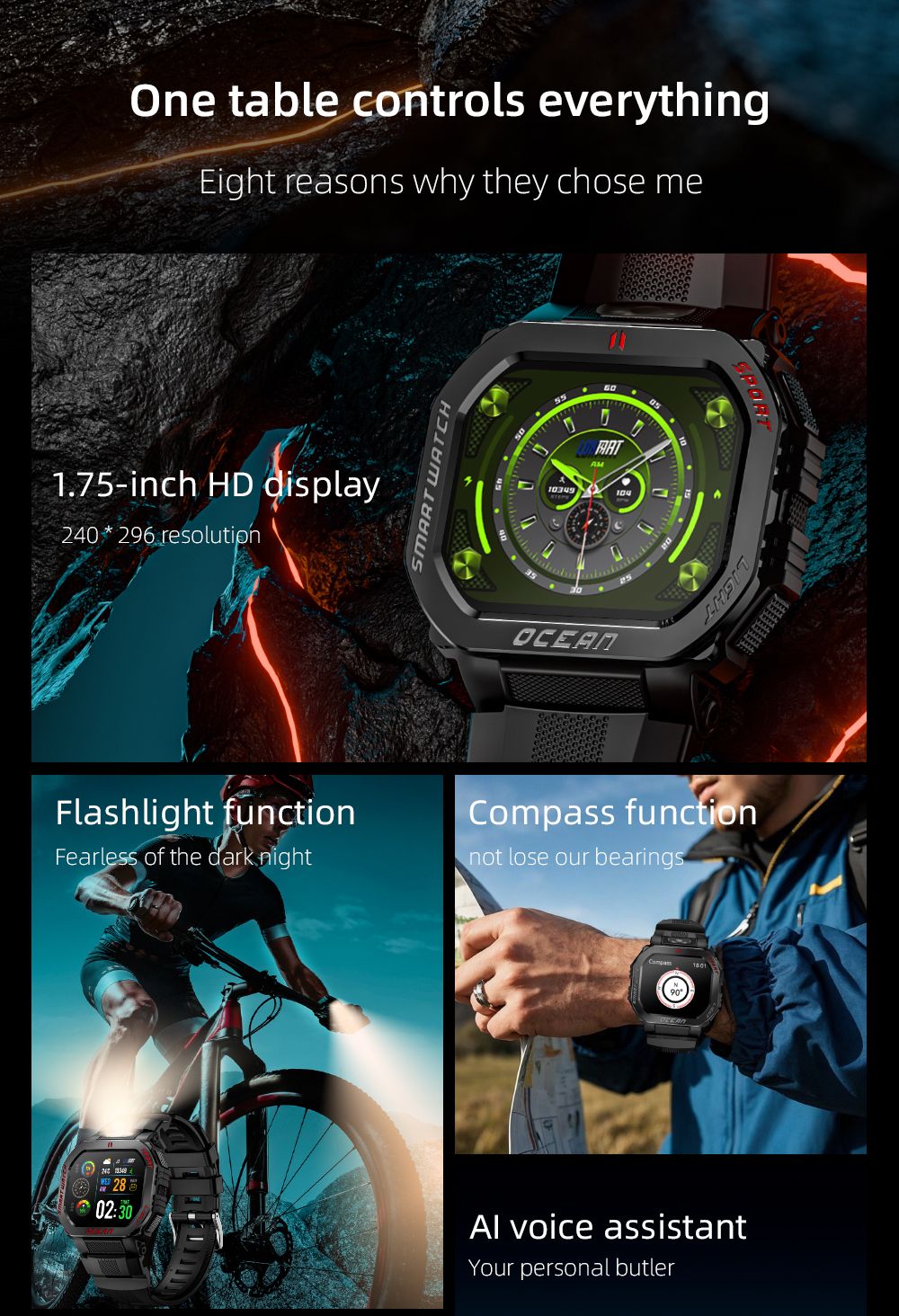 LOKMAT OCEAN GT Smartwatch, 1.75 inch Screen, Flashlight & Compass, Al Voice Assistant, Bluetooth Calling, 3ATM Waterproof, Health Monitoring, 100+ Sports Modes - Black