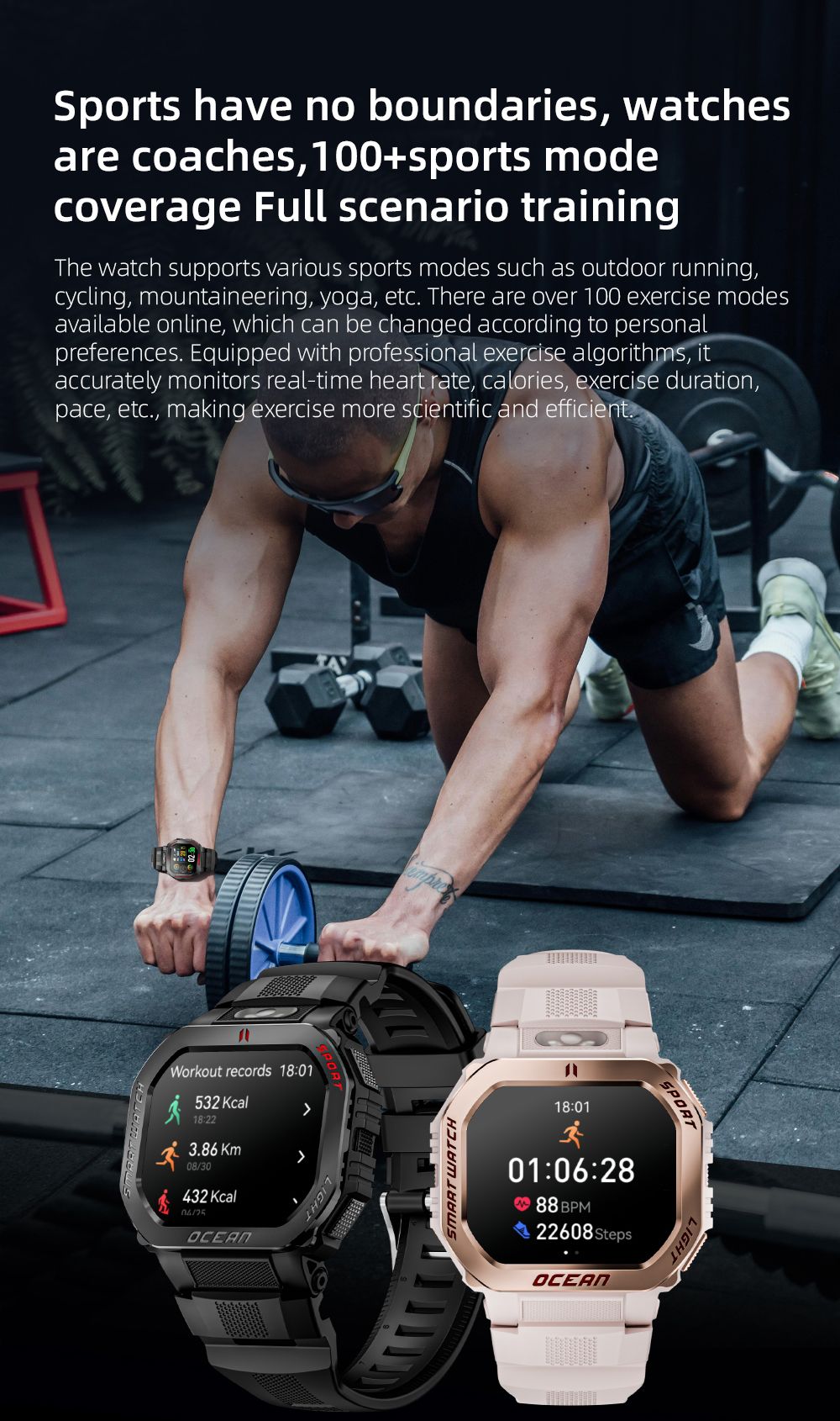 LOKMAT OCEAN GT Smartwatch, 1.75 inch Screen, Flashlight & Compass, Al Voice Assistant, Bluetooth Calling, 3ATM Waterproof, Health Monitoring, 100+ Sports Modes - Black