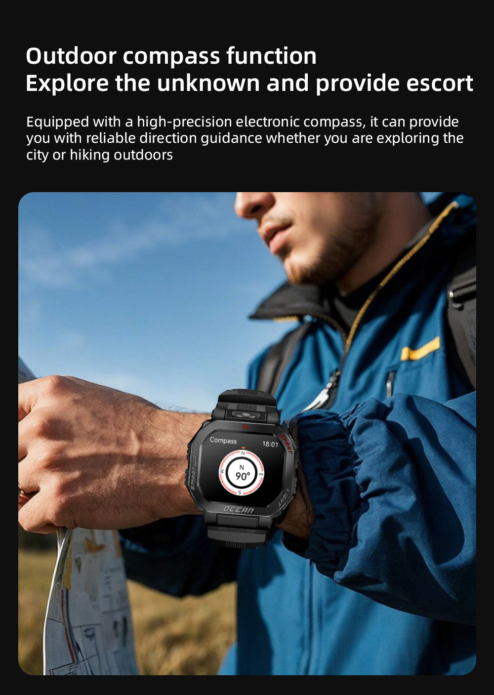 LOKMAT OCEAN GT Smartwatch, 1.75 inch Screen, Flashlight & Compass, Al Voice Assistant, Bluetooth Calling, 3ATM Waterproof, Health Monitoring, 100+ Sports Modes - Black