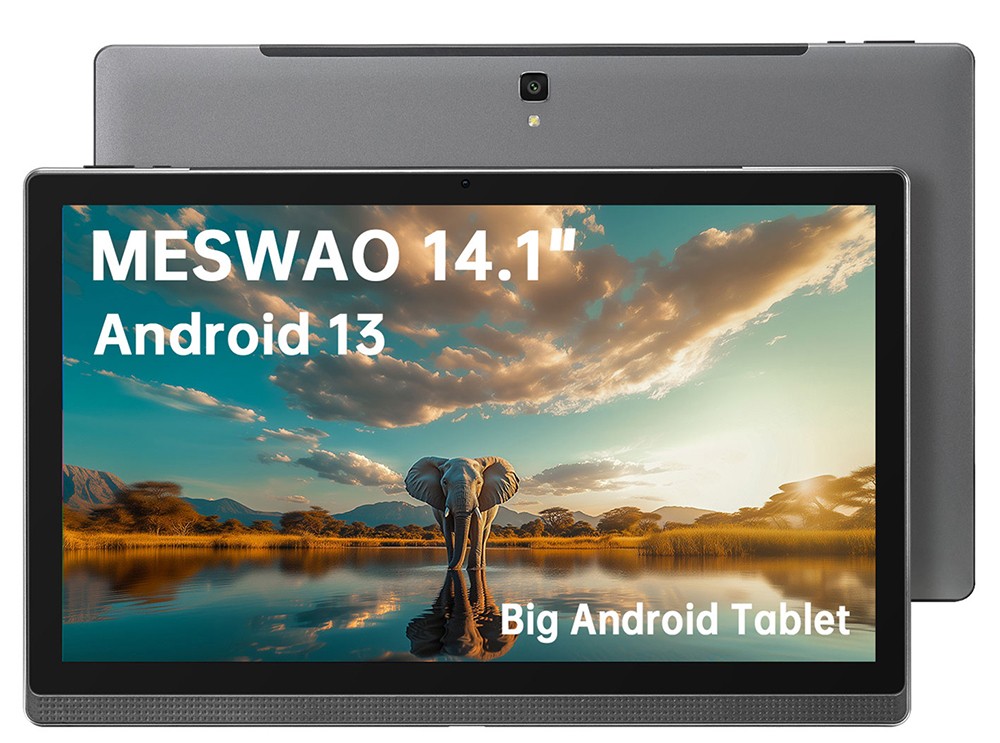 Tablette MESWAO B1, écran IPS 14,1 pouces (1920 x 1080 pixels), processeur octocœur MTK6769, 6 Go de RAM, 128 Go de ROM, Android 13, Wi-Fi 5, Bluetooth 5.2, double caméra 13 MP + 5 MP, batterie 10 000 mAh, 4 haut-parleurs, prise européenne, couleur or