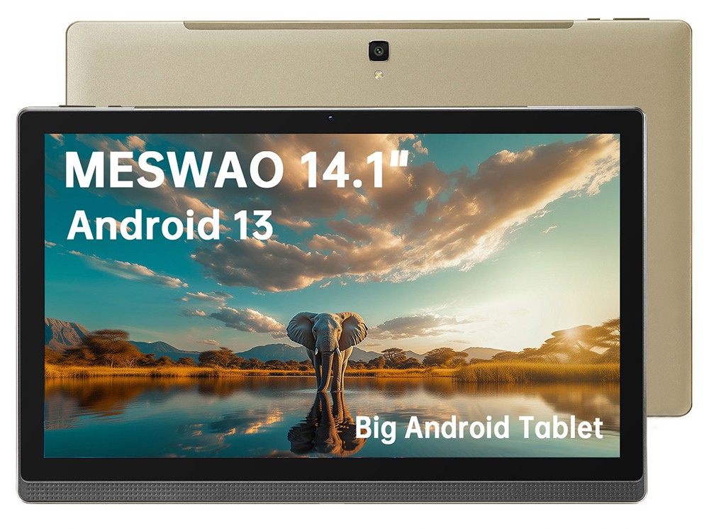 Tablette MESWAO B1, écran IPS 14,1 pouces (1920 x 1080 pixels), processeur octocœur MTK6769, 6 Go de RAM, 128 Go de ROM, Android 13, Wi-Fi 5, Bluetooth 5.2, double caméra 13 MP + 5 MP, batterie 10 000 mAh, 4 haut-parleurs, prise européenne, couleur or