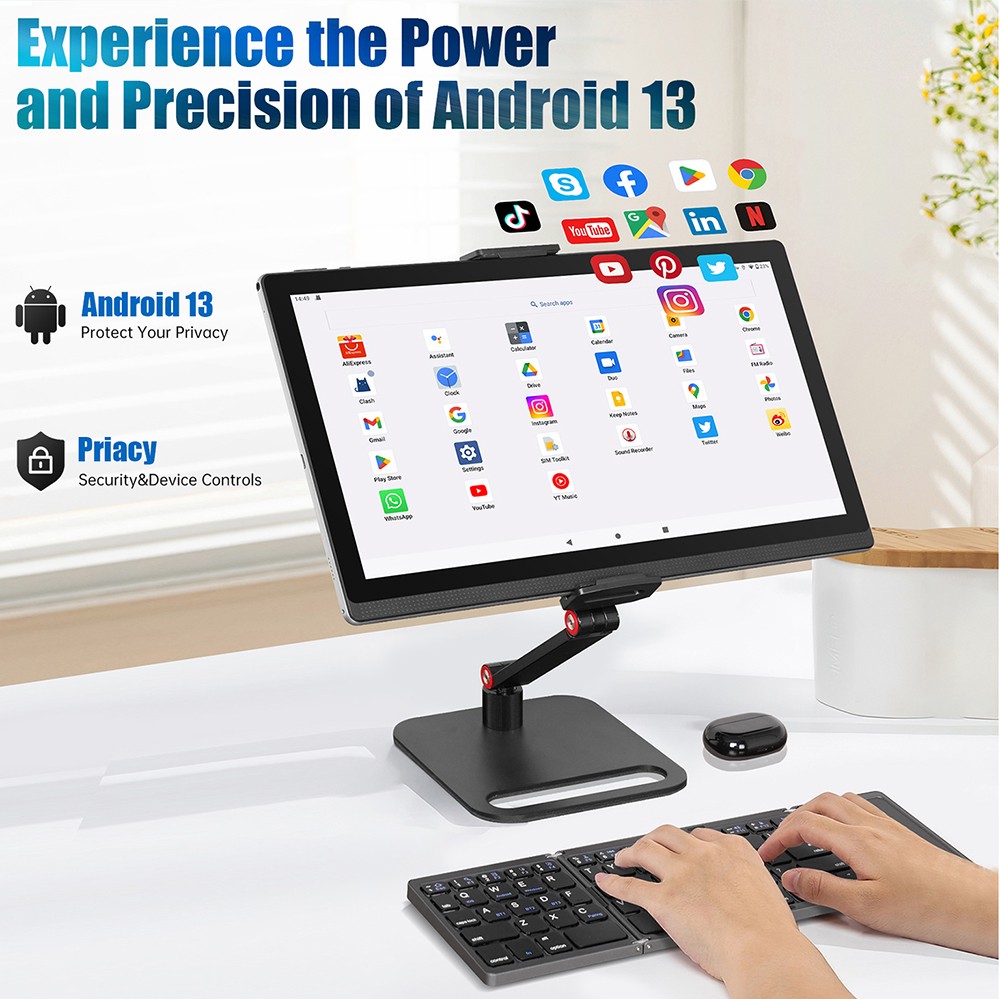 MESWAO B1 Tablet, 14.1 inch 1920*1080 IPS Screen, MTK6769 8 Cores, 6GB RAM 128GB ROM, Android 13, WiFi 5 Bluetooth 5.2, 13MP+5MP Camera, 10000mAh Battery, 4*Speakers - US Plug, Golden
